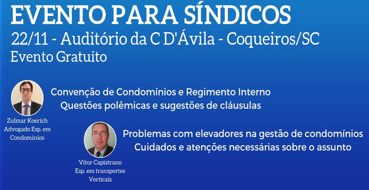 Convenção de condomínios e elevadores debatidos em palestra para síndicos em novembro