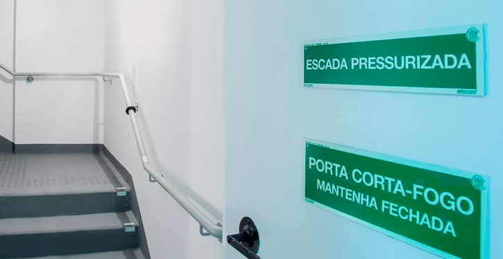 O sistema de pressurização usa ventilação mecânica para injetar ar limpo nas escadas